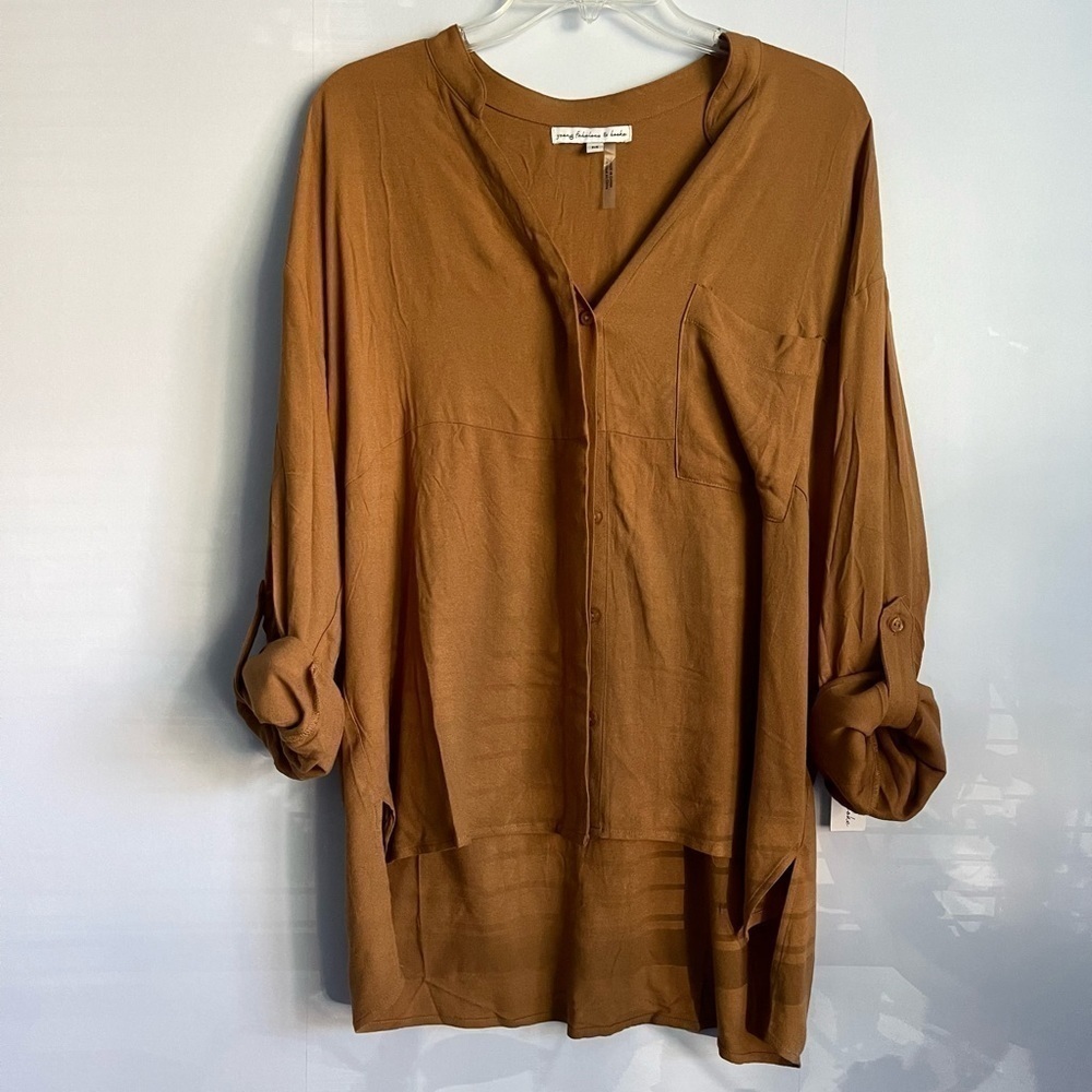 new Young Fabulous & Broke Brown Roll Sleeve Relaxed Button Up Shirt US M